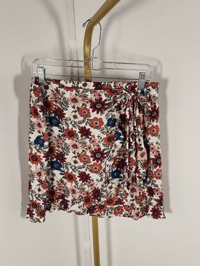 LOFT Floral Faux Wrap Mini Skirt - White with Red, Pink, Orange & Blue Flowers
